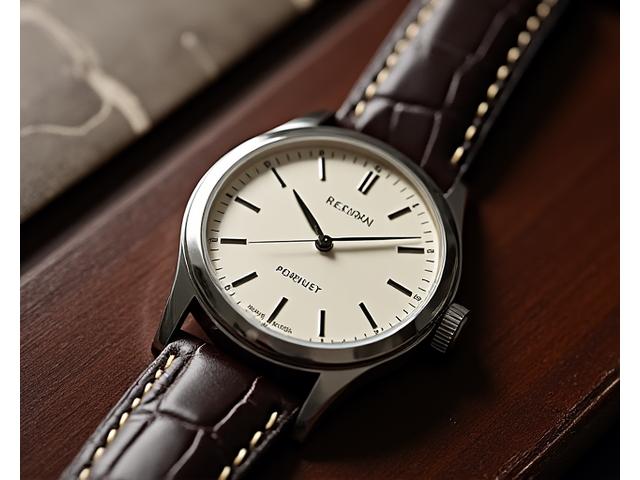 Close-up of a classic dress watch with minimalist dial and leather strap, on a dark wooden surface.