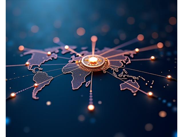 Artistic representation of a global service network with interconnected lines and subtle watch gears, set against a dark, elegant background, symbolizing worldwide reach and precision.