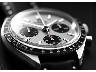 Close-up of an Omega Speedmaster 'Moonwatch' with its historic dial and chronograph pushers