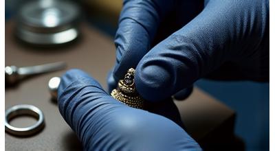Close-up of a jeweler carefully setting a small gemstone into a silver cufflink with precision tools.