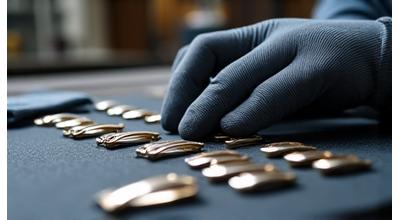 A skilled artisan inspecting a collection of polished metal buckles on a workbench, ensuring perfection.